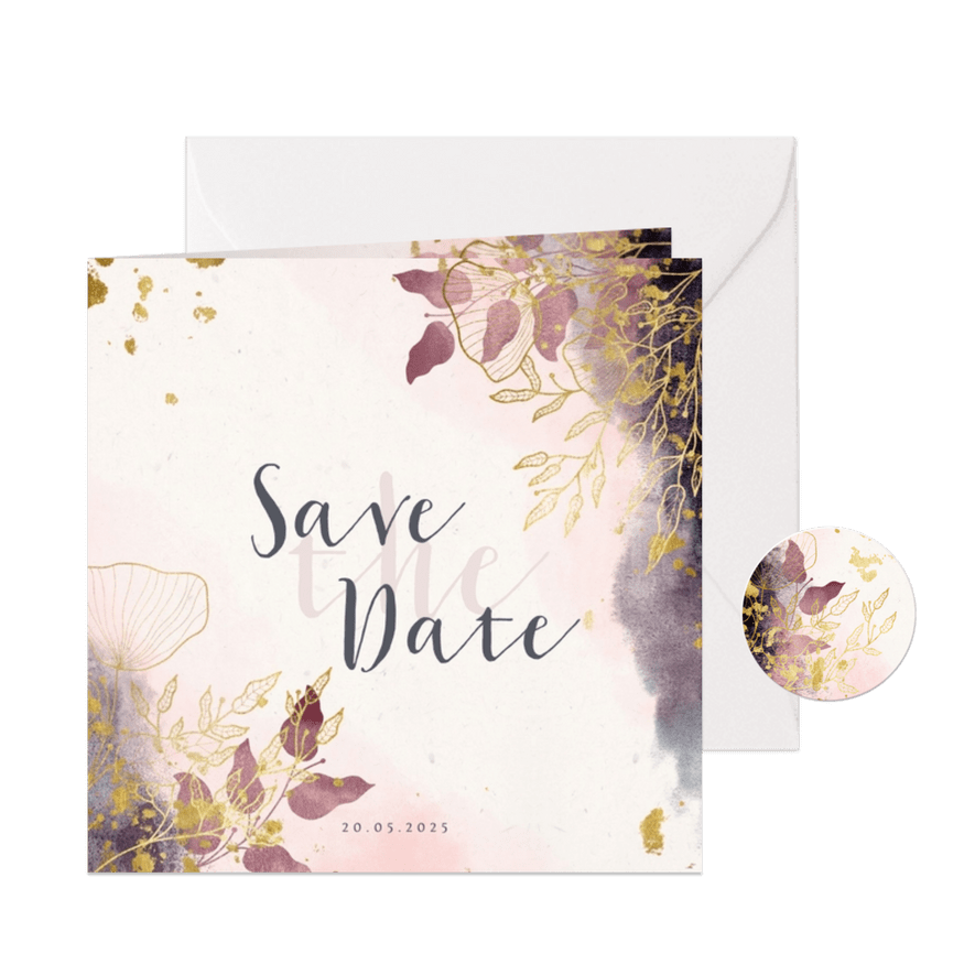 Save the date kerstkaart met waterverf en gouden bloemen - Kaartimpressie