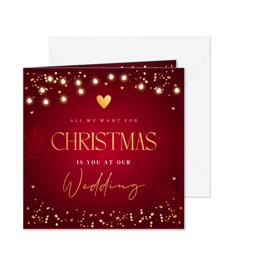 Save the Date kerstkaart rood lampjes spetters goudlook - Kaartimpressie