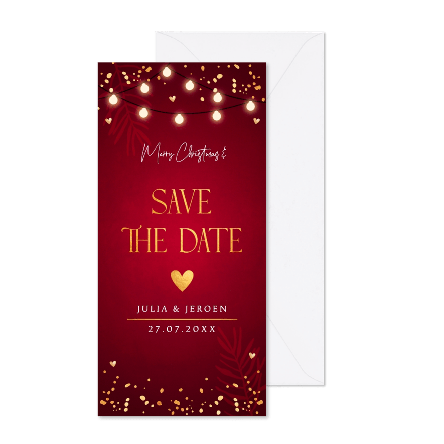 Save the Date kerstkaart rood langwerpig lampjes - Kaartimpressie