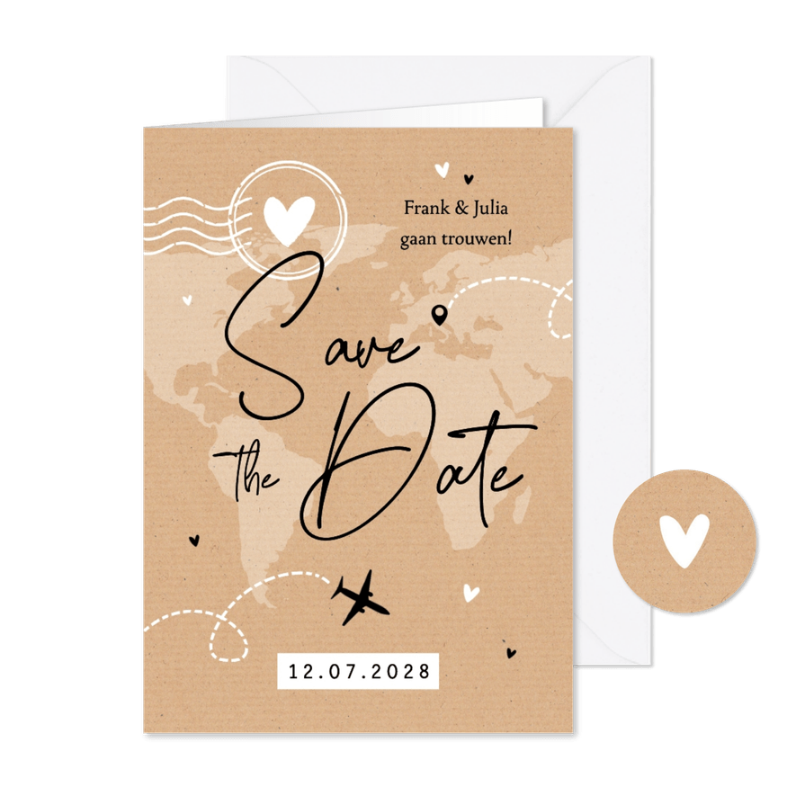 Save the date kraft reizen ticket vliegtuig wereldkaart - Kaartimpressie