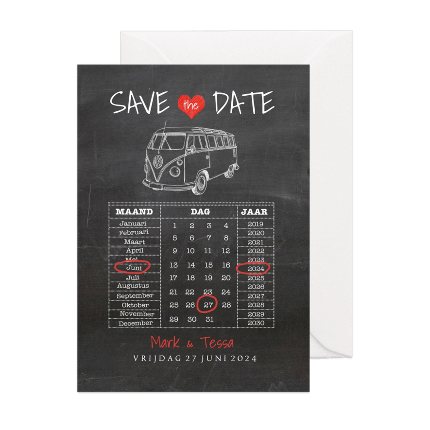 Save the Date krijtbord vw busje - Kaartimpressie