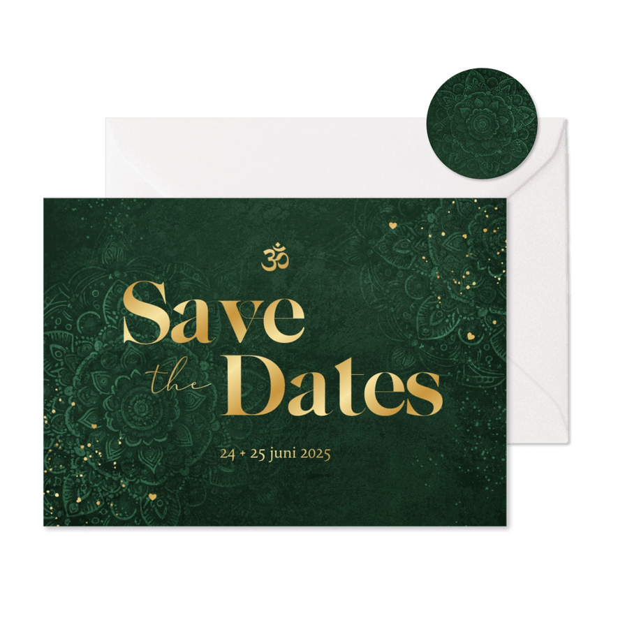 Save the date mandala patroon goud hartjes Hindoestaans - Kaartimpressie