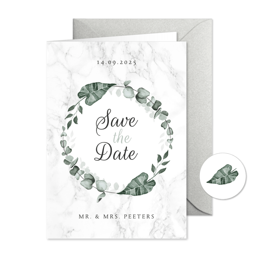 Save the date marmer stijlvol klassiek eucalyptus - Kaartimpressie