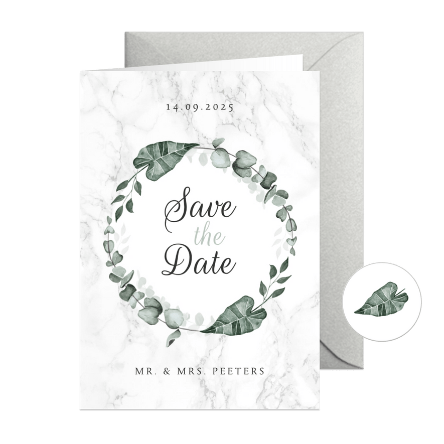 Save the date marmer stijlvol klassiek eucalyptus - Kaartimpressie