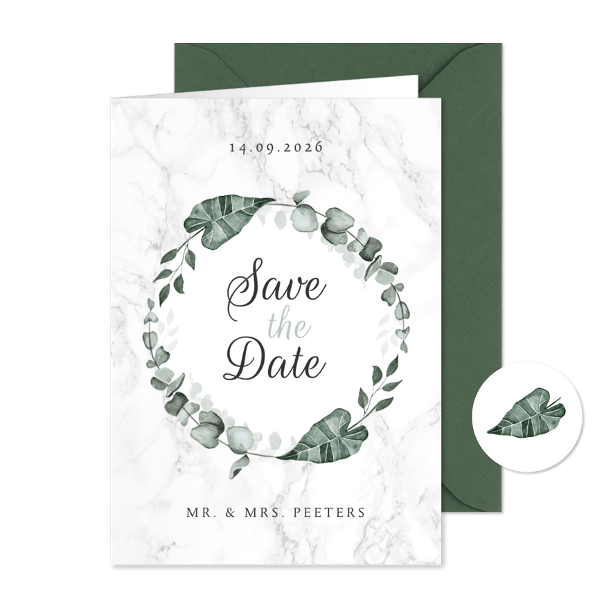 Save the date marmer stijlvol klassiek eucalyptus - Kaartimpressie