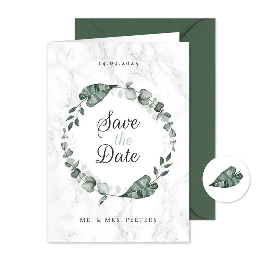 Save the date marmer stijlvol klassiek eucalyptus - Kaartimpressie