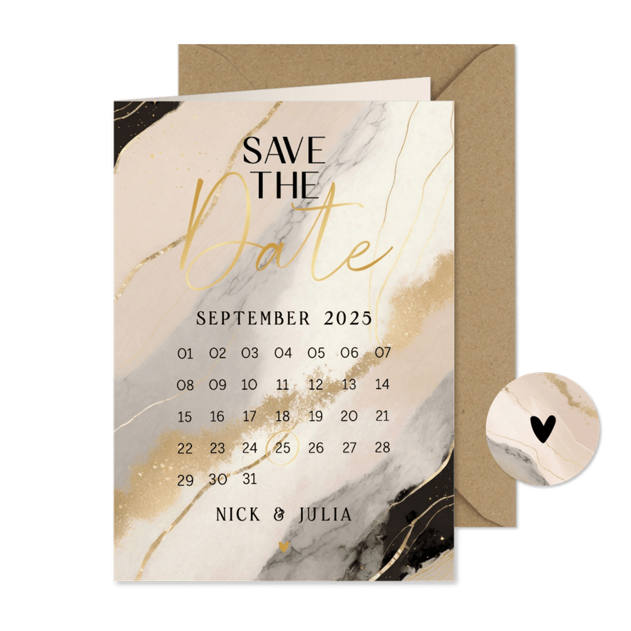 Save the date marmerlook beige zwart en goud kalender - Kaartimpressie