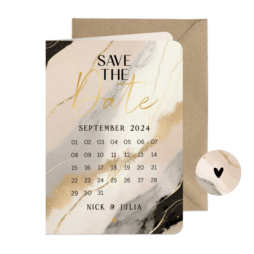 Save the date marmerlook beige zwart en goud kalender - Kaartimpressie