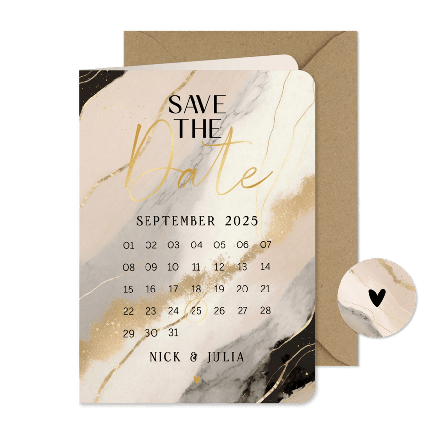 Save the date marmerlook beige zwart en goud kalender - Kaartimpressie