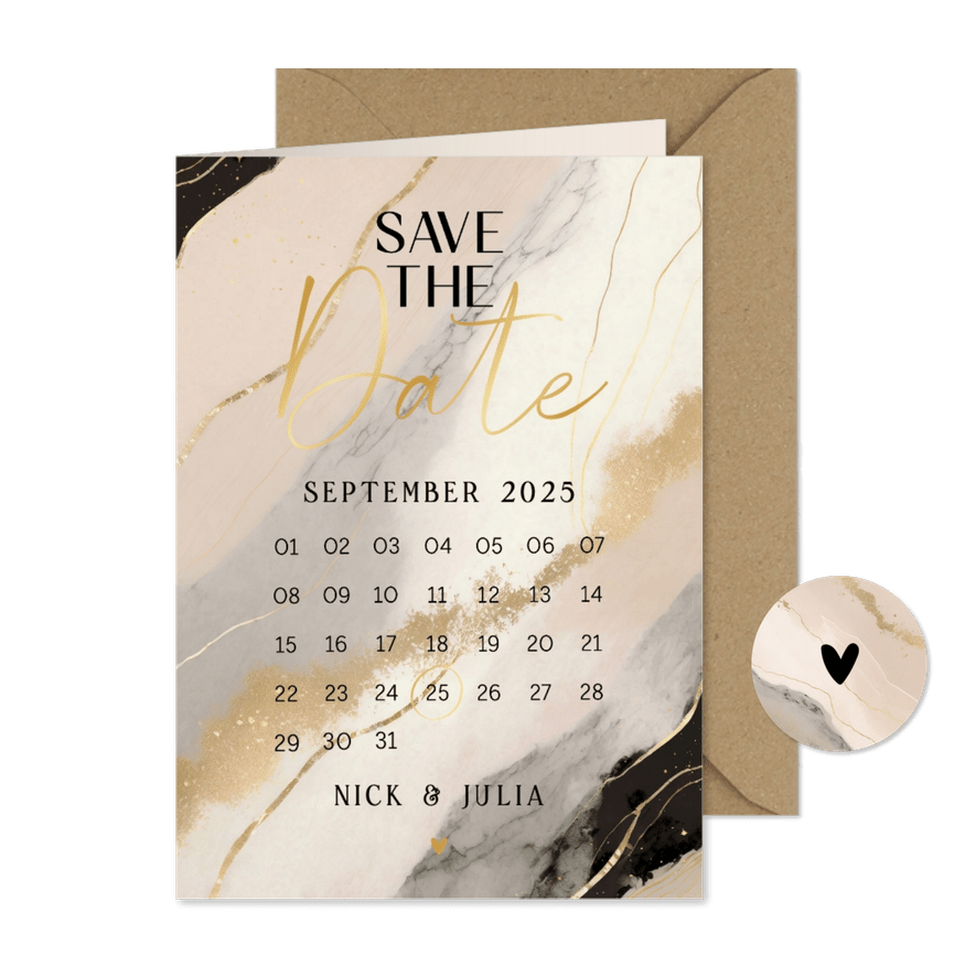 Save the date marmerlook beige zwart en goud kalender - Kaartimpressie