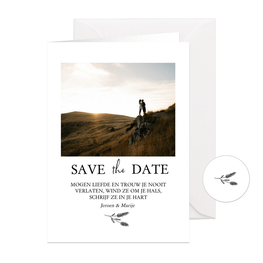 Save the date met foto, bijbeltekst en takje - Kaartimpressie