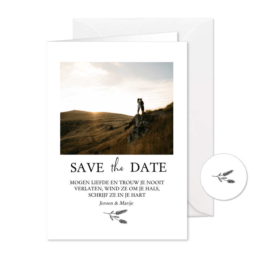 Save the date met foto, bijbeltekst en takje - Kaartimpressie