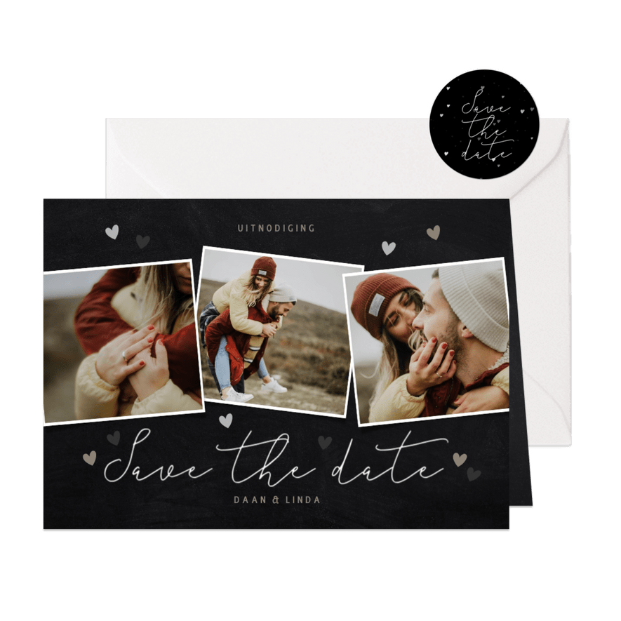 Save the date met fotocollage liggend en sierlijke letters - Kaartimpressie