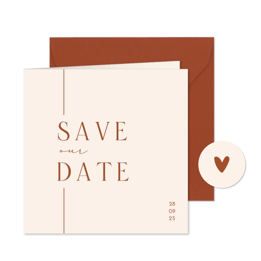 Save the date met lijn beige terracotta minimalistisch - Kaartimpressie