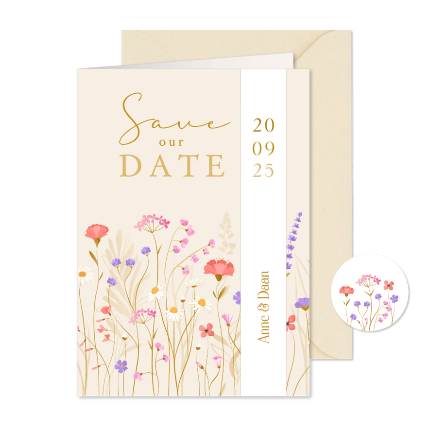 Save the date met sierlijke wilde bloemen en wikkel effect - Kaartimpressie