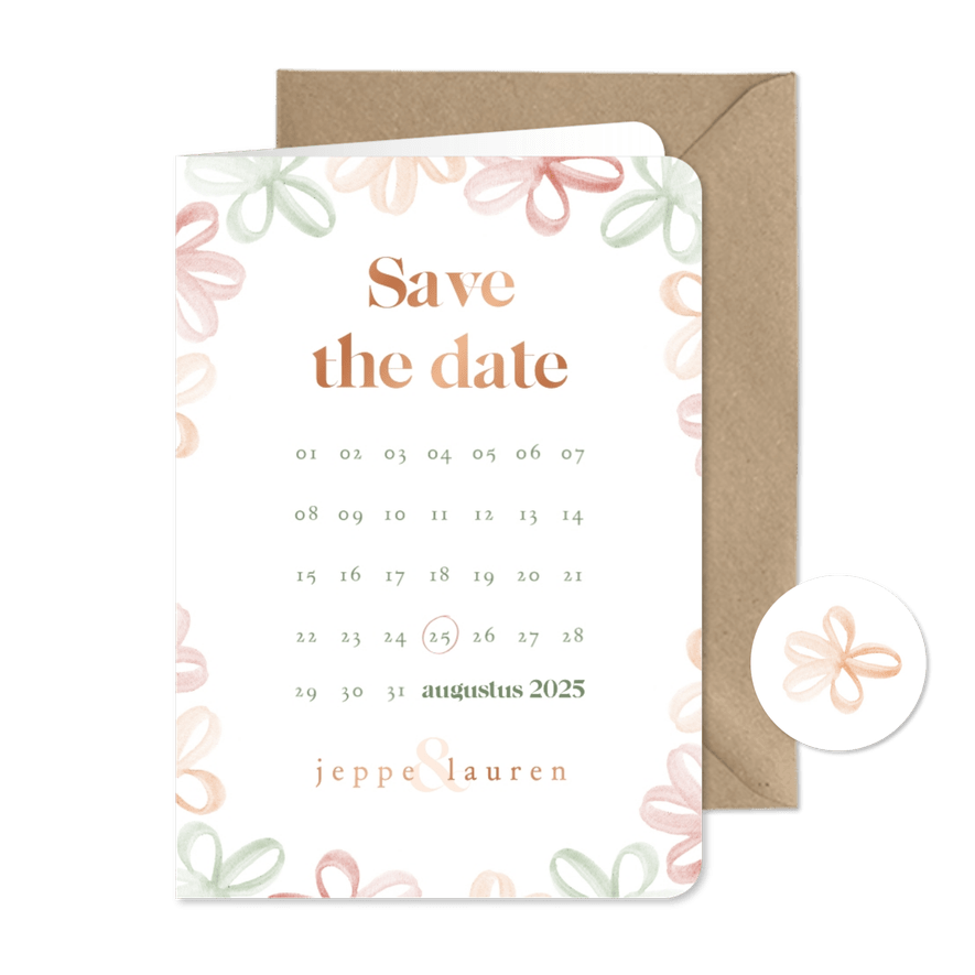 Save the date met waterverf bloemetjes en kalender - Kaartimpressie