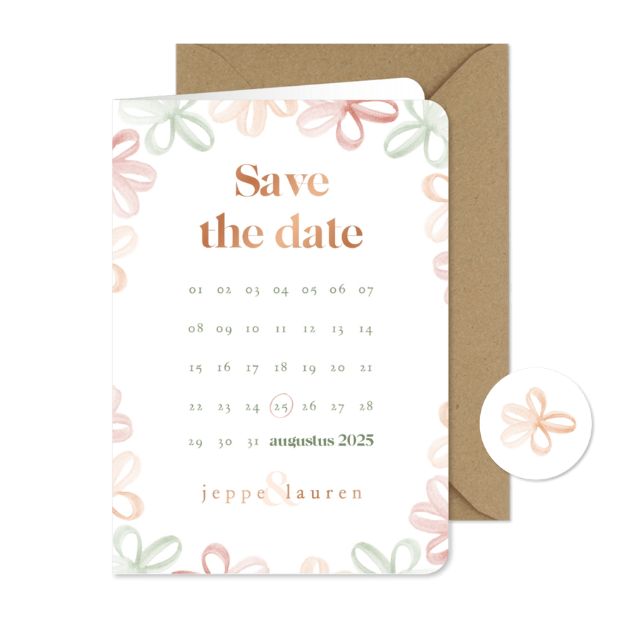 Save the date met waterverf bloemetjes en kalender - Kaartimpressie
