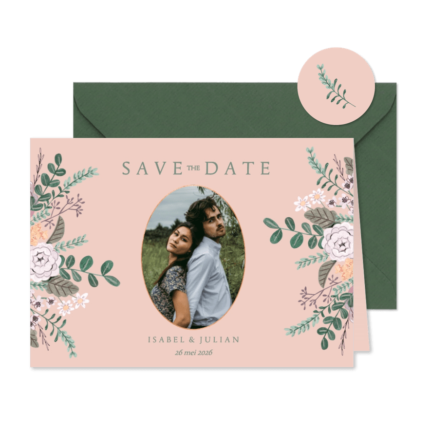Save the Date minimalistisch klassiek bloemen - Kaartimpressie