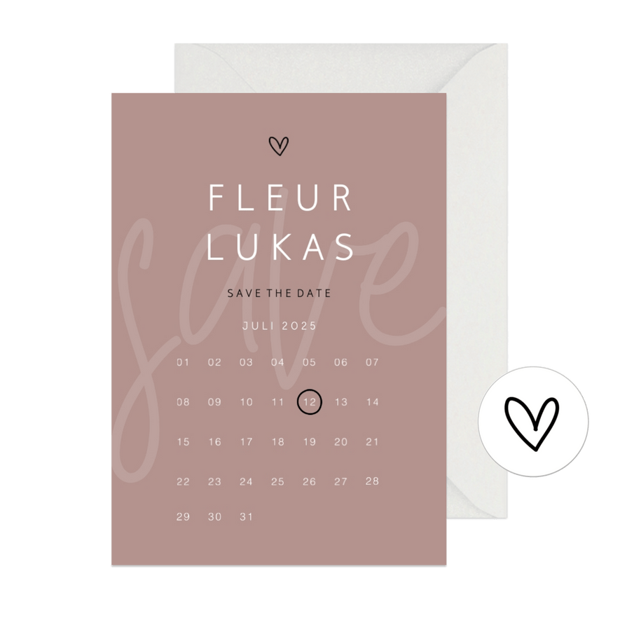 Save the date minimalistisch met hartje kalender - Kaartimpressie