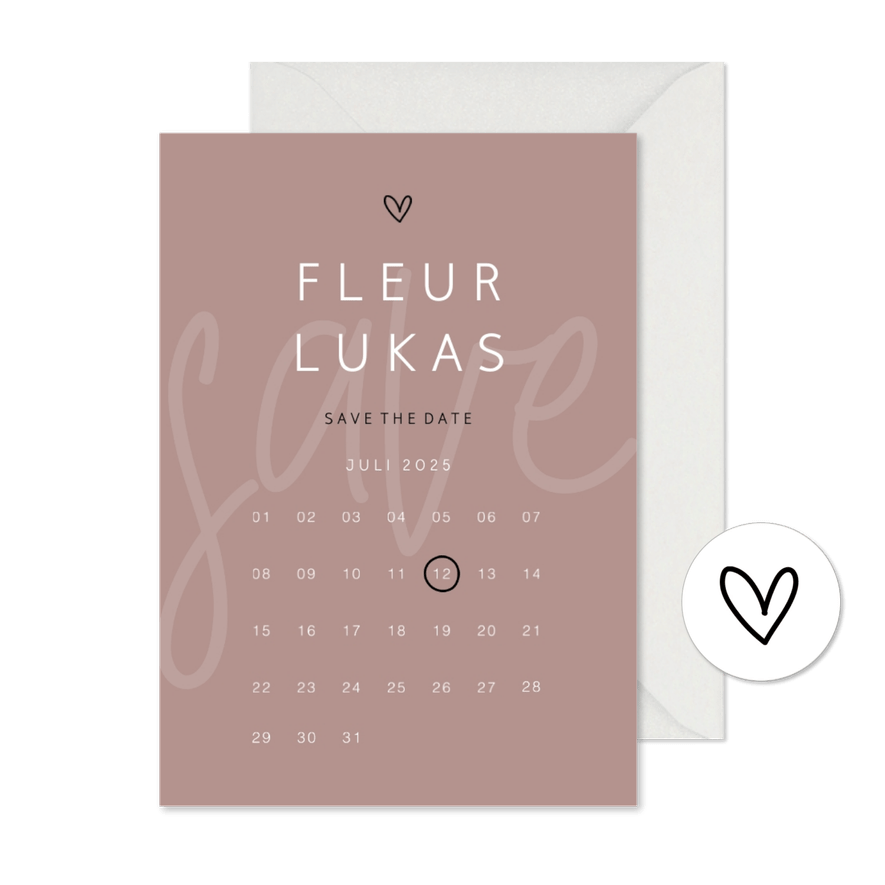 Save the date minimalistisch met hartje kalender - Kaartimpressie