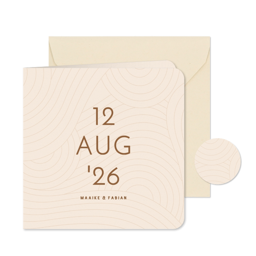 Save the date modern beige met golvende lijnen grote datum - Kaartimpressie