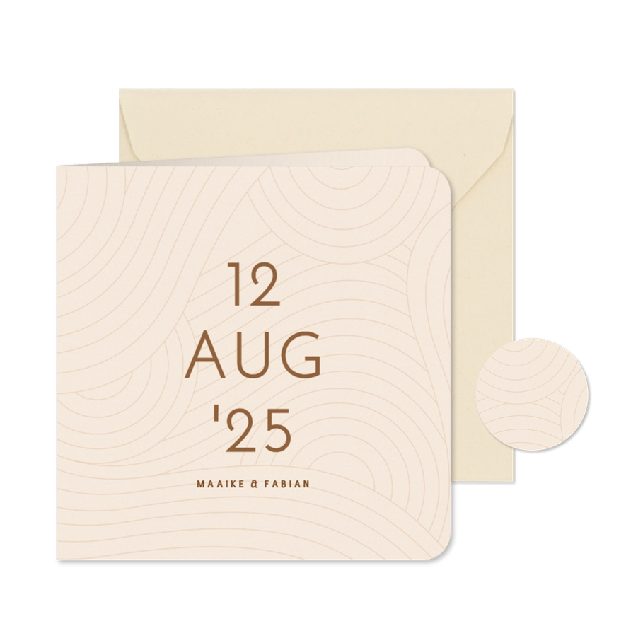 Save the date modern beige met golvende lijnen grote datum - Kaartimpressie