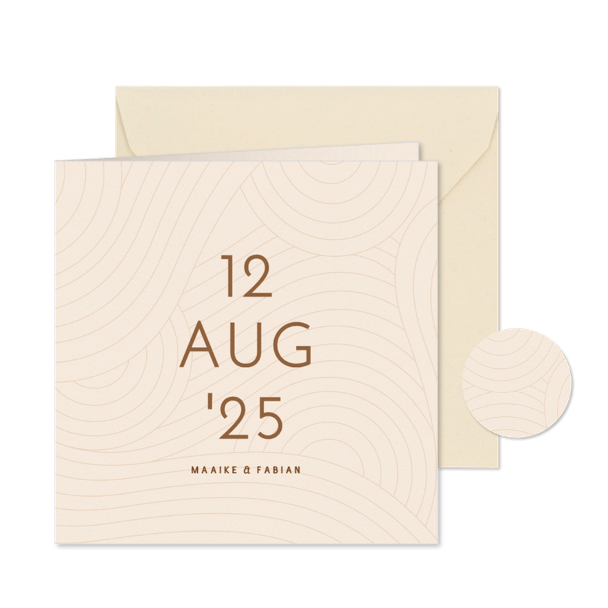 Save the date modern beige met golvende lijnen grote datum - Kaartimpressie