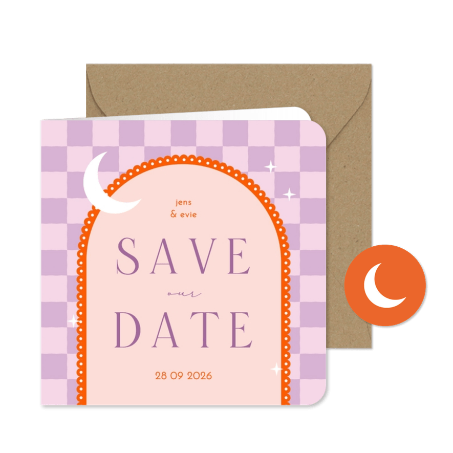 Save the date modern met lila ruitjes oranje boog en maan - Kaartimpressie