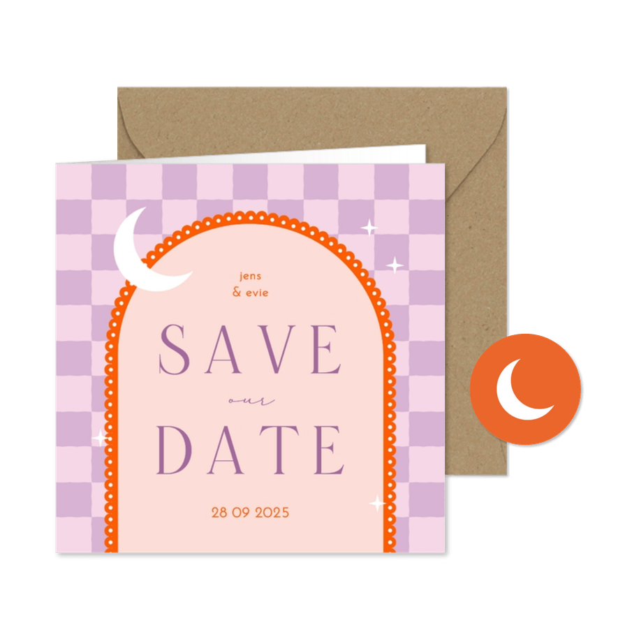 Save the date modern met lila ruitjes oranje boog en maan - Kaartimpressie