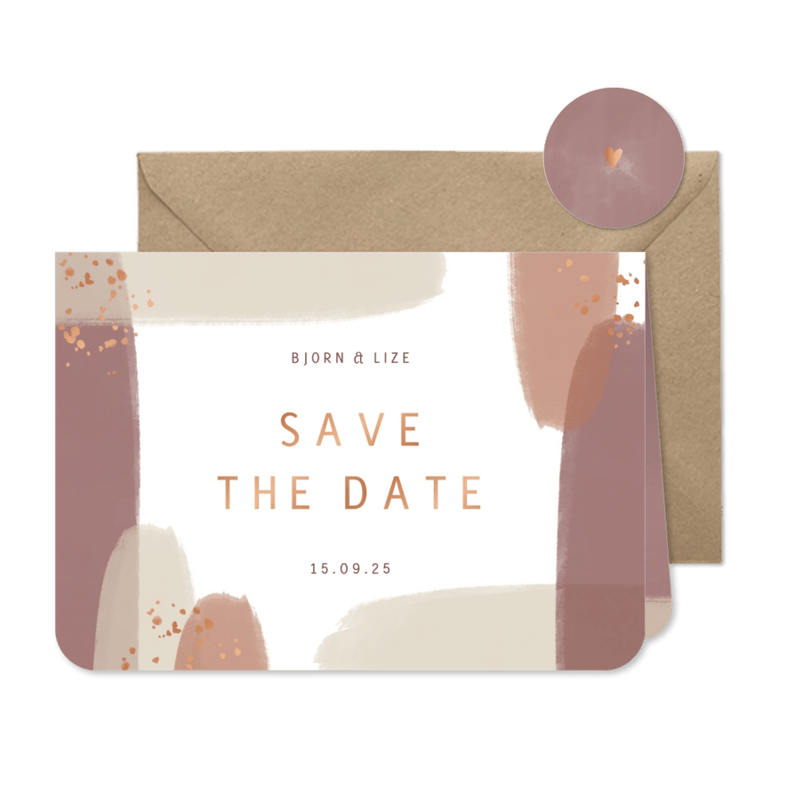 Save the date naturel waterverf met koper spettertjes - Kaartimpressie