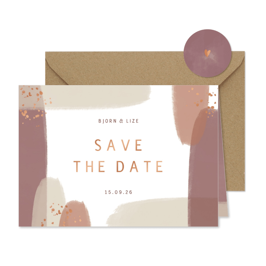 Save the date naturel waterverf met koper spettertjes - Kaartimpressie