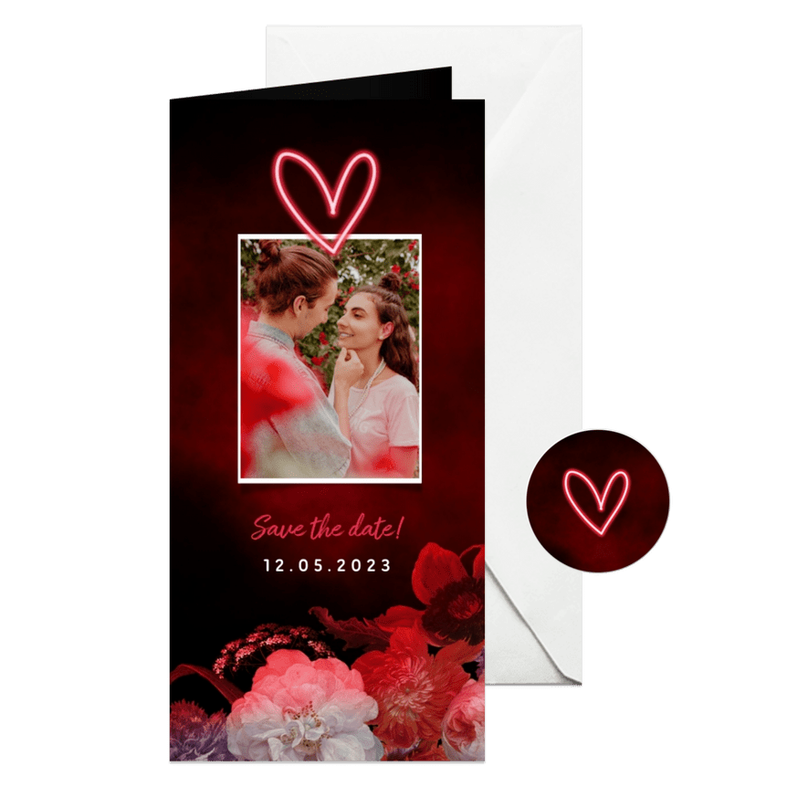 Save the date neon bloemen en foto - Kaartimpressie