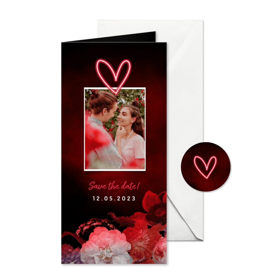 Save the date neon bloemen en foto - Kaartimpressie