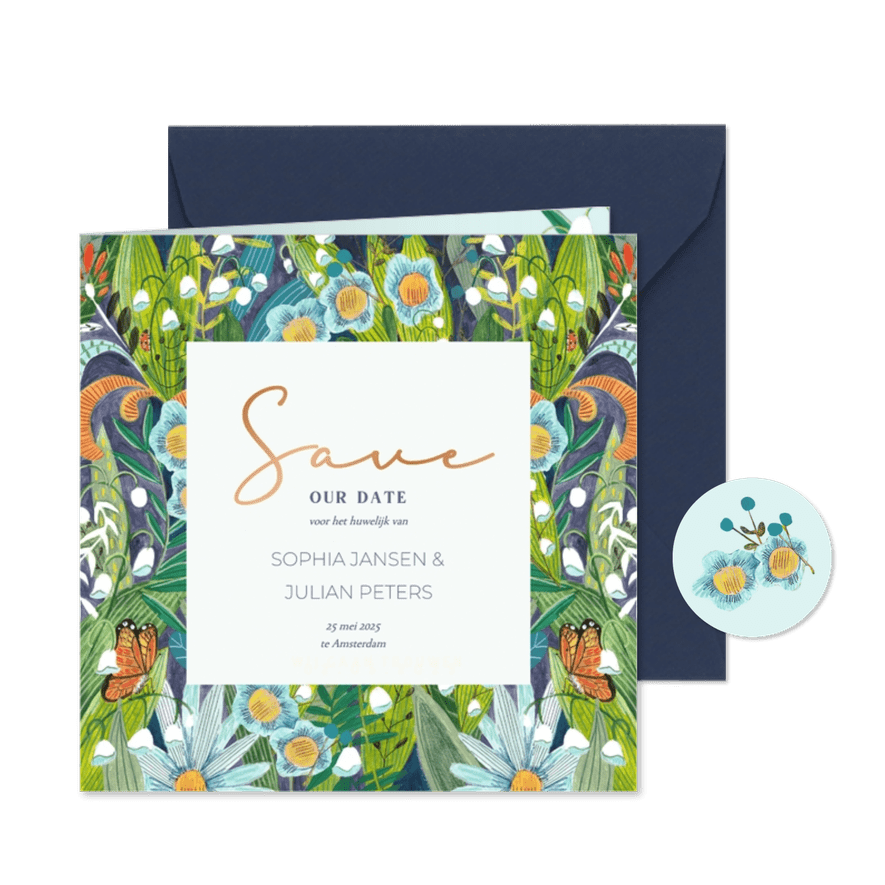 Save the Date originele bloemen groen - Kaartimpressie