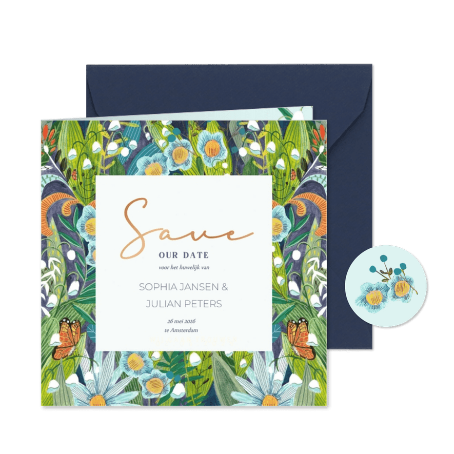 Save the Date originele bloemen groen - Kaartimpressie