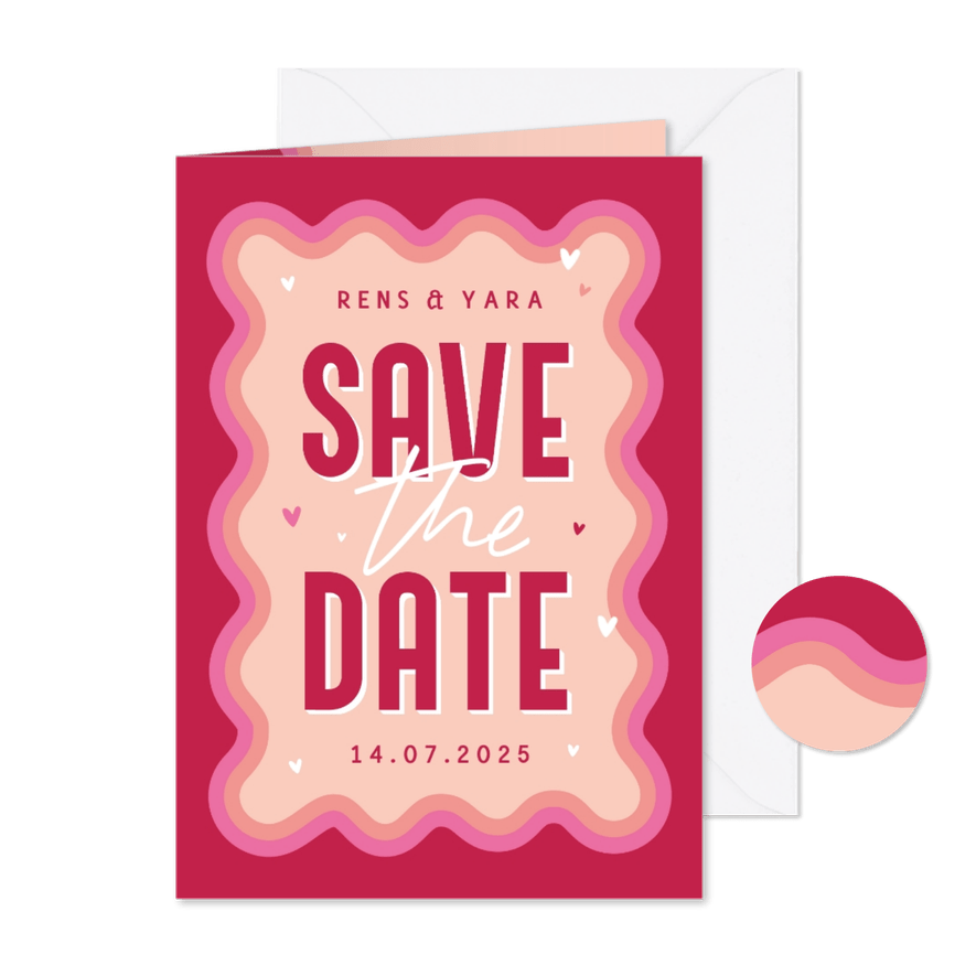 Save the date retro groovy grafisch trouwkaart roze hartjes - Kaartimpressie