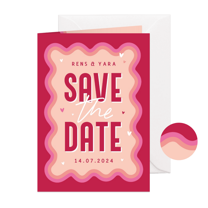 Save the date retro groovy grafisch trouwkaart roze hartjes - Kaartimpressie