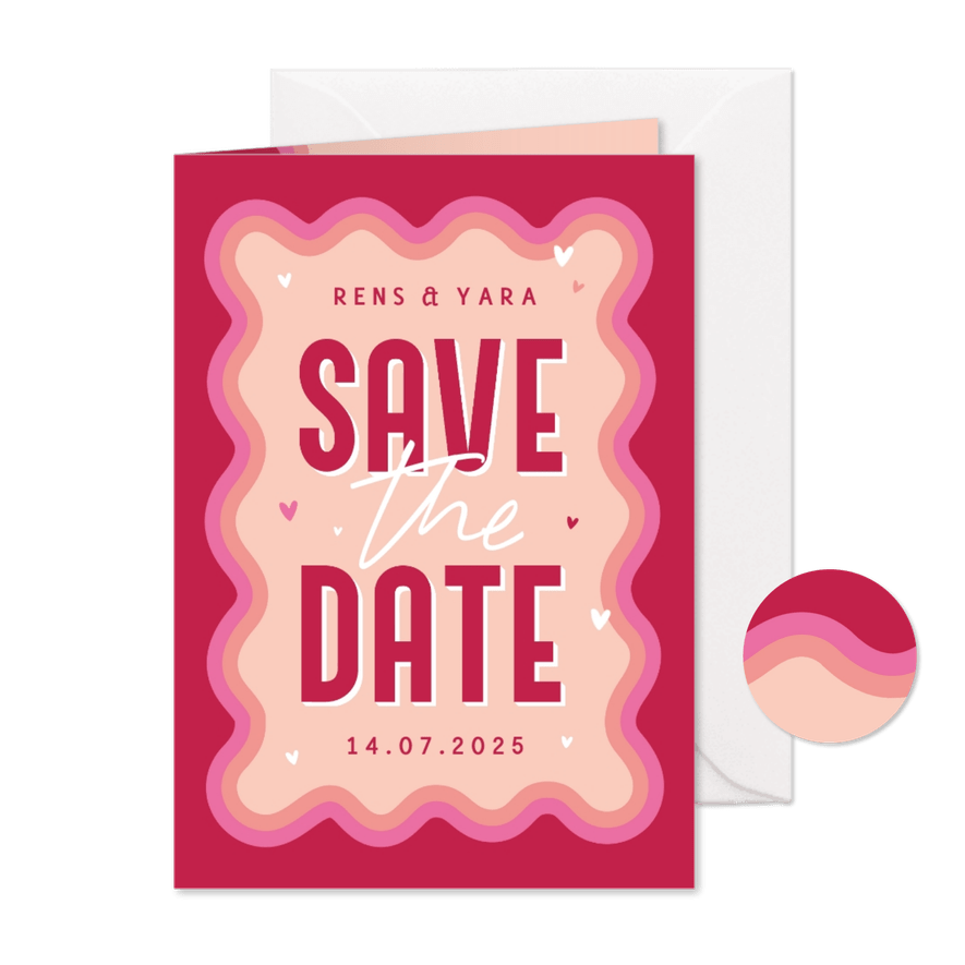 Save the date retro groovy grafisch trouwkaart roze hartjes - Kaartimpressie