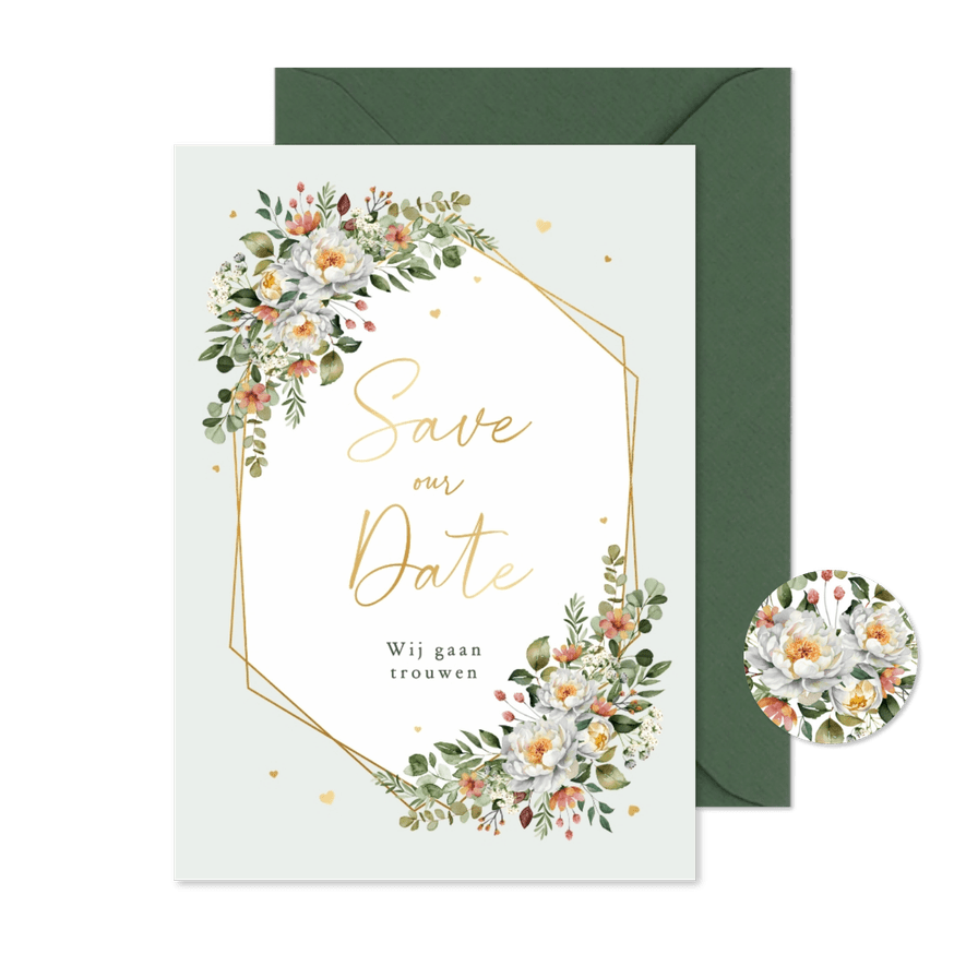 Save the Date romantisch bloemen stijlvol hartjes goud - Kaartimpressie