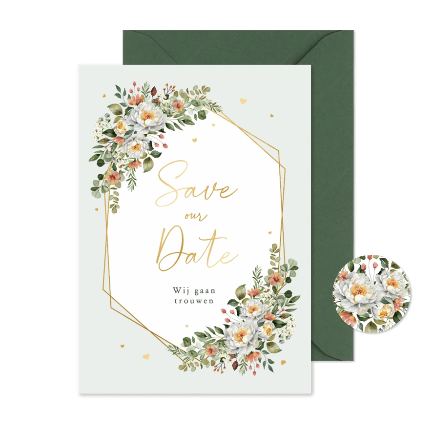 Save the Date romantisch bloemen stijlvol hartjes goud - Kaartimpressie