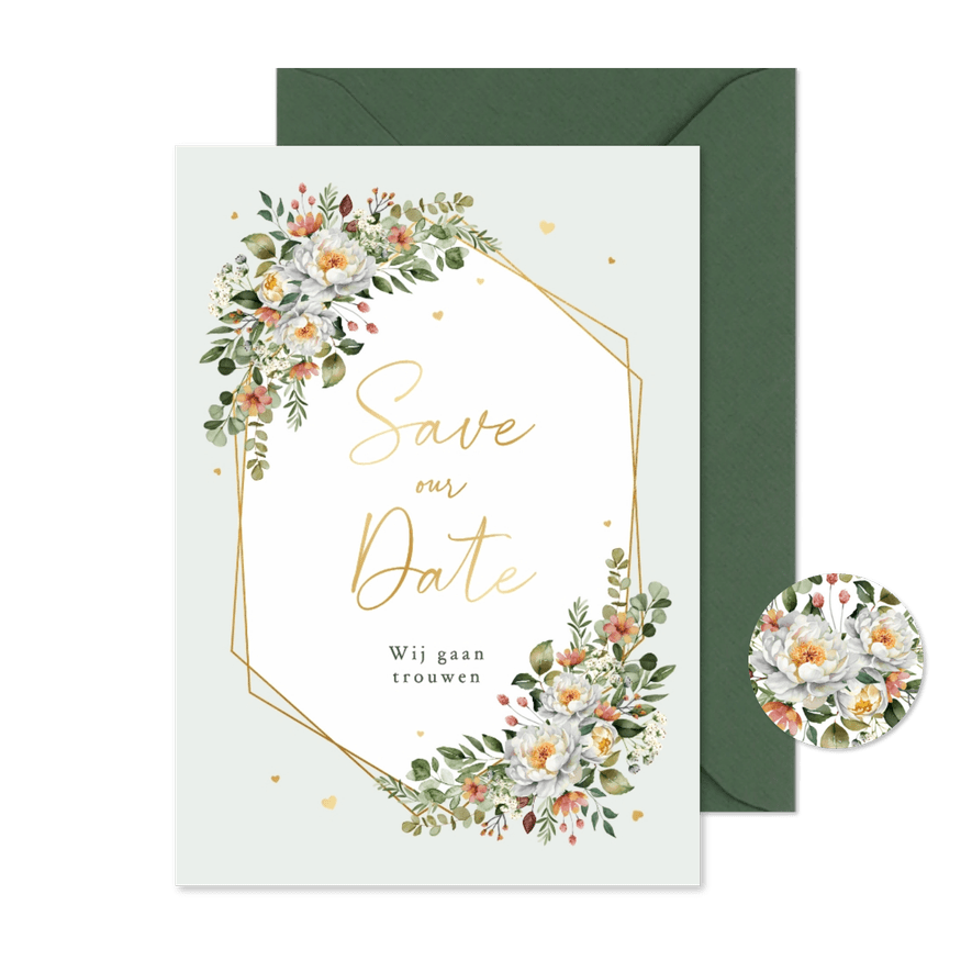 Save the Date romantisch bloemen stijlvol hartjes goud - Kaartimpressie