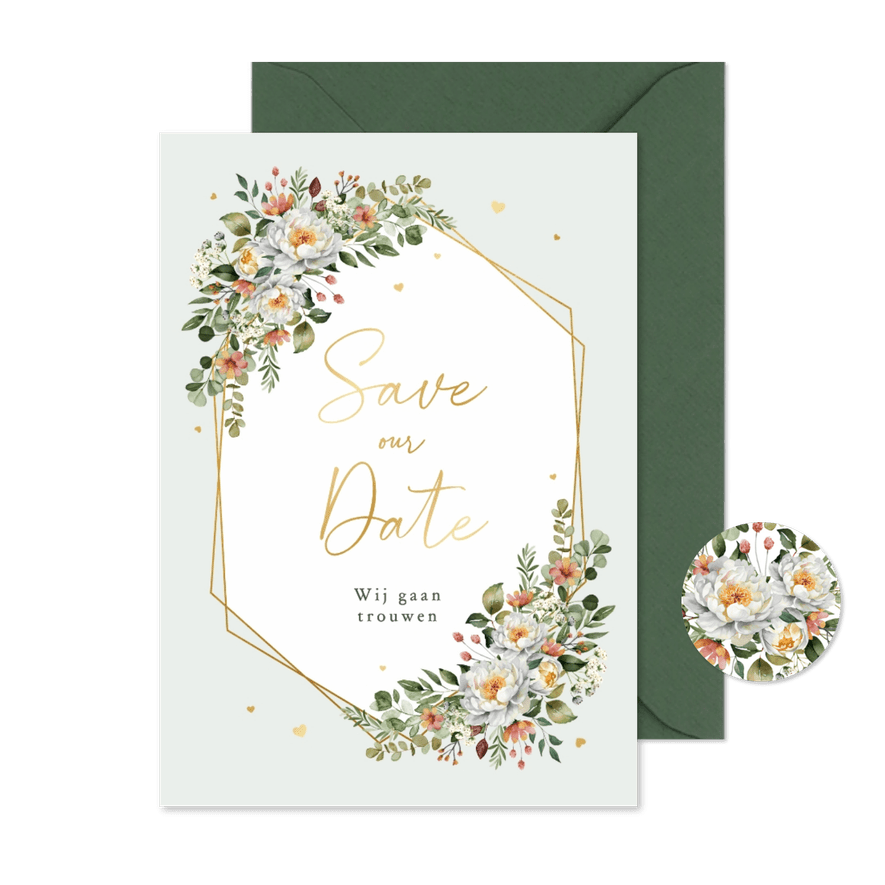Save the Date romantisch bloemen stijlvol hartjes goud - Kaartimpressie