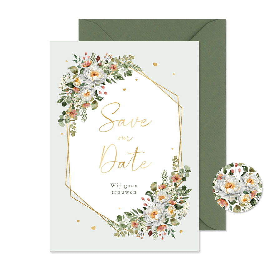 Save the Date romantisch bloemen stijlvol hartjes goud - Kaartimpressie