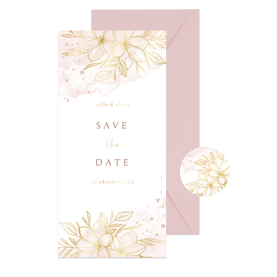 Save the date romantisch gouden bloemen met roze waterverf - Kaartimpressie