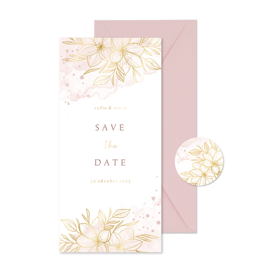 Save the date romantisch gouden bloemen met roze waterverf - Kaartimpressie