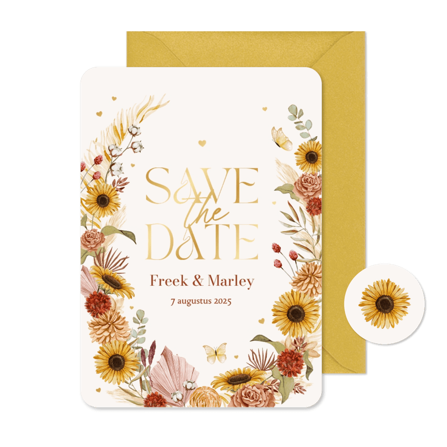 Save the date stijlvol bohemian bloemen zomer vlinders goud - Kaartimpressie