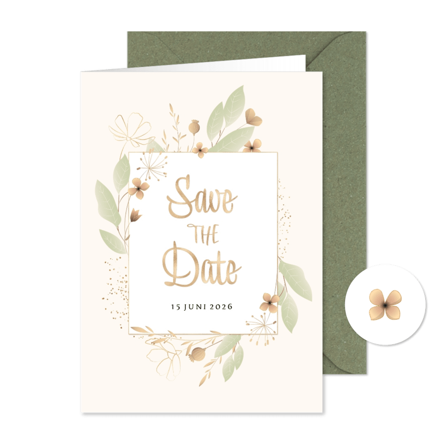 Save the date stijlvol botanisch zacht groen oker goudlook - Kaartimpressie