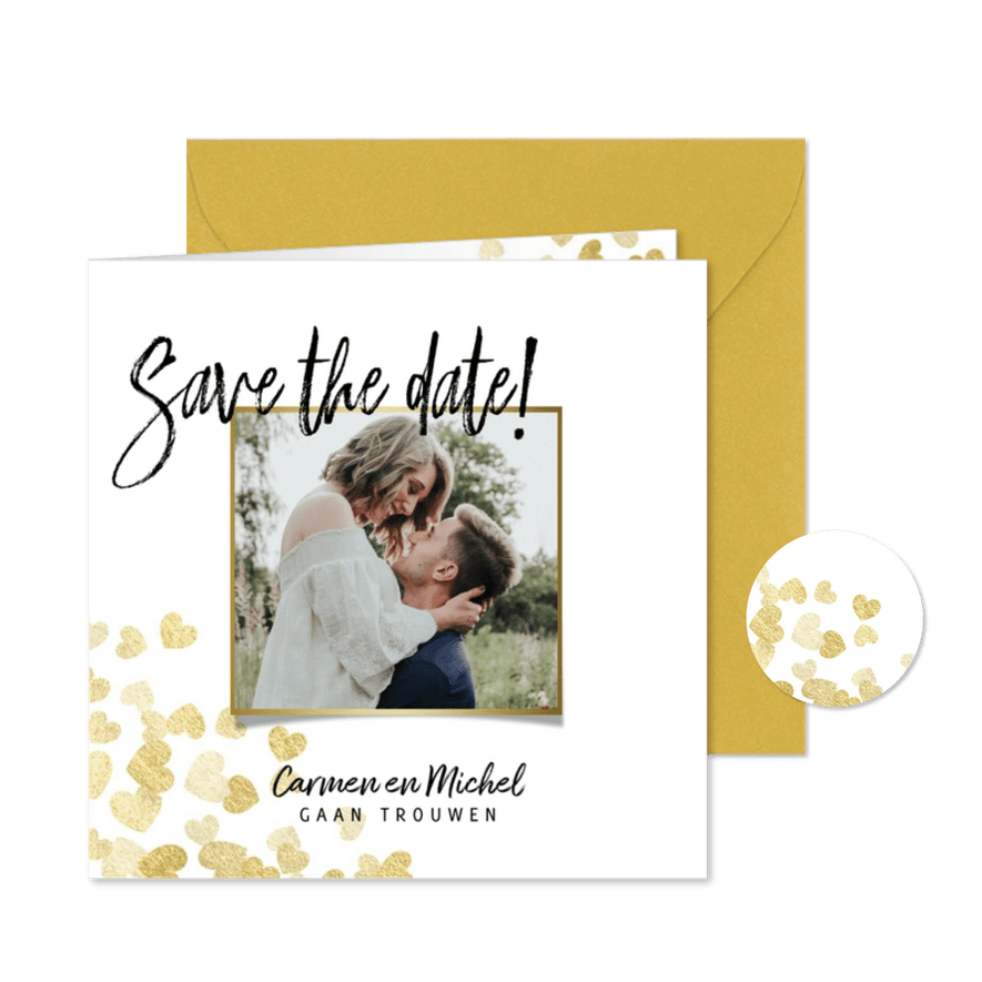 Save the date stijlvolle kaart gouden hartjes en foto - Kaartimpressie