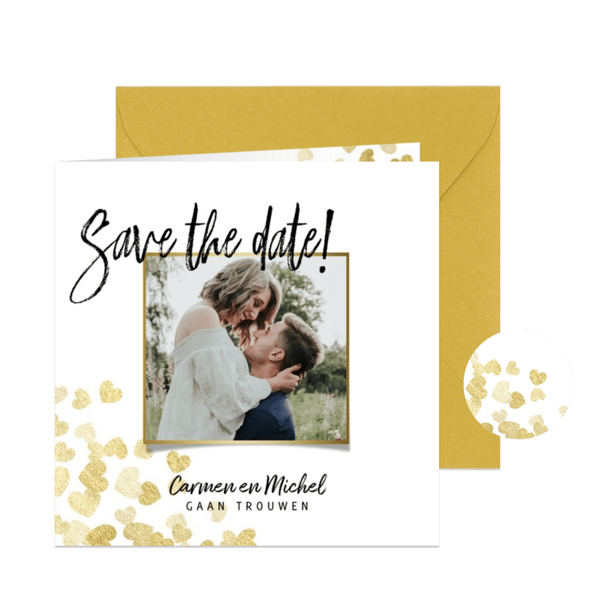 Save the date stijlvolle kaart gouden hartjes en foto - Kaartimpressie