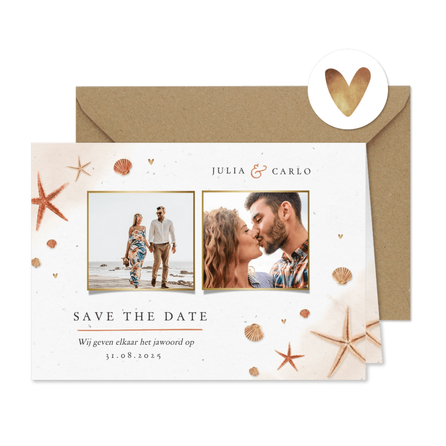 Save the date strand zee schelpen zeesterren bruiloft - Kaartimpressie
